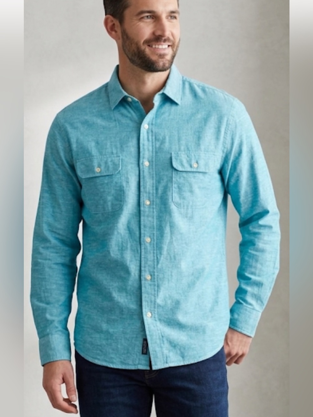 Crown & Ivy Men Blue Shirt size large linen/cotton blend